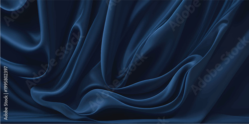 Smooth black and dark blue silk fabric background with elegant satin texture, featuring soft luxury drapery curves and a shiny silky material backdrop