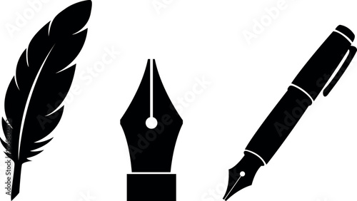 black ink pen. Elegant writing tools feather quill pen nib and classic fountain pen illustration