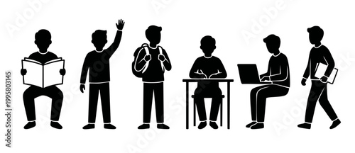 Students silhouette icons set, school children learning and studying activities, diverse classroom poses for education and academic design, vector black characters on white background for web and prin