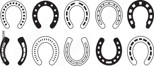 Horseshoe icons collection set with various patterns for luck and equestrian sports design elements.
