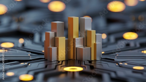 Abstract 3d render depicting futuristic cityscape with golden and silver bar graphs on technological surface