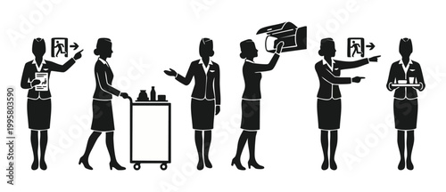 Flight Attendant Silhouette Set, Stewardess Icons Illustrating Airline Safety Procedures and Cabin Service Tasks, Professional Aviation Crew Members in Uniform, Isolated Black Shapes on White Backgrou