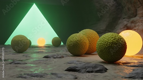 Abstract 3d rendered scene featuring textured spherical shapes glowing orbs and a geometric shape with ambient lighting