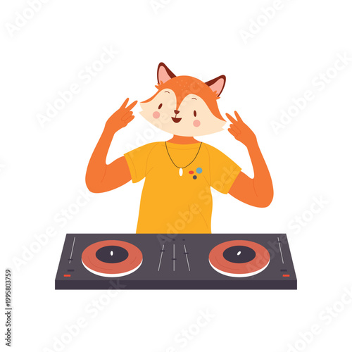 Cartoon funny dj fox standing at turntable, playing mixing electronic disco in nightclub isolated on white
