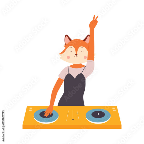 Cartoon funny dj fox standing at turntable, playing mixing electronic disco in nightclub isolated on white