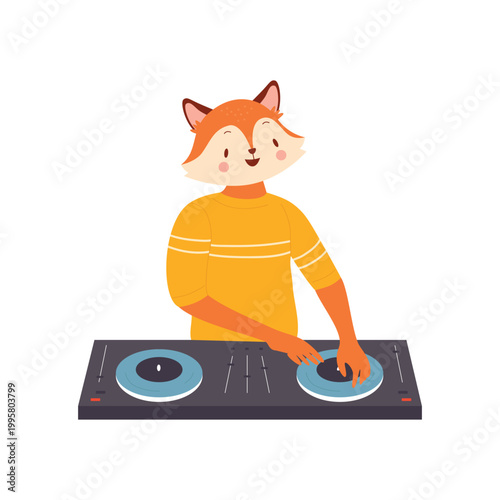 Cartoon funny dj fox standing at turntable, playing mixing electronic disco in nightclub isolated on white