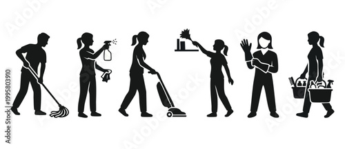 Cleaning service icons people silhouette collection for household chores, mopping floor, vacuuming carpet, dusting shelves, and carrying equipment, professional housekeeping and janitor maintenance co