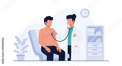 Doctor examining patient with stethoscope in clinic, medical checkup, healthcare concept