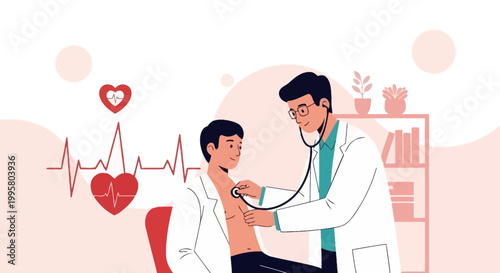 Doctor examining patient with stethoscope, heart health checkup, medical check, cardiology concept