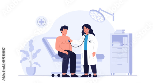 Doctor examining patient with stethoscope in medical clinic, healthcare concept