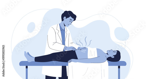 Doctor examining patient's abdomen on examination table, medical checkup, healthcare concept