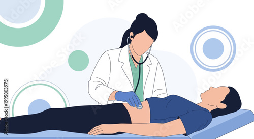 Doctor examining patient's abdomen with stethoscope, medical checkup, healthcare concept