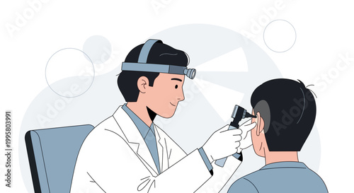 Doctor examining patient's ear with otoscope, medical checkup, healthcare concept