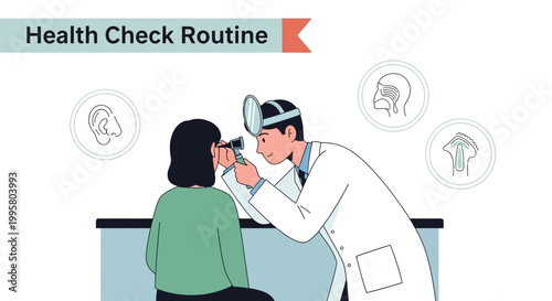Doctor examining patient's ear with otoscope during health check routine, medical checkup concept