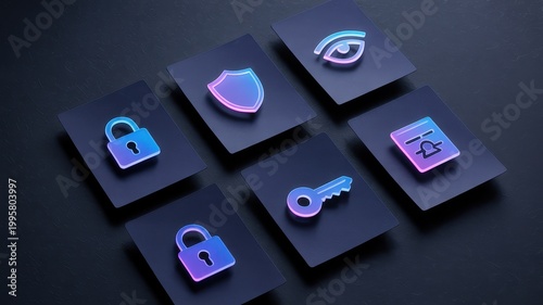 A set of glowing neon icons representing security concepts like eye, shield, key, padlock, and scales on dark cards.
