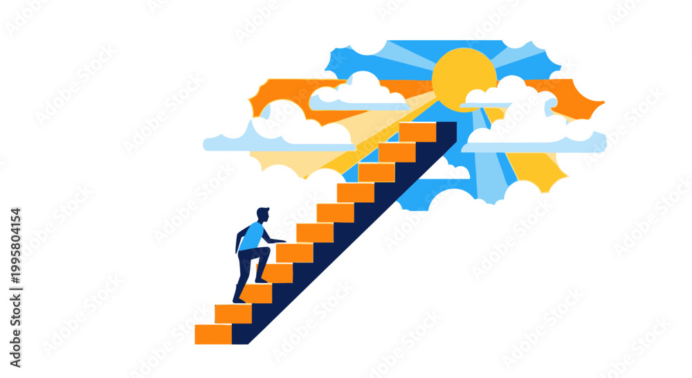 Fototapeta premium Man climbing stairs towards sun and clouds, symbolizing ambition, success, and hope.