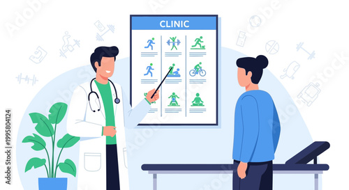 Doctor explaining physical therapy exercises to patient at clinic, health and wellness concept