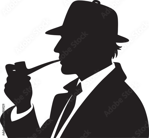 Silhouette of gentleman in hat smoking pipe, side view, business attire, classic style, vector.