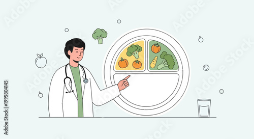 Doctor explains healthy eating plate with vegetables and fruits, balanced diet concept