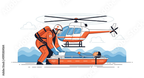 Emergency Medical Helicopter Rescue: Paramedic Transfers Patient from Stretcher to Aircraft