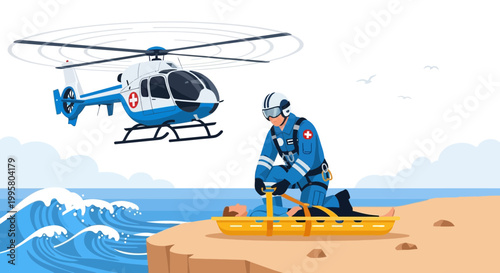 Emergency Rescue: Paramedic and Helicopter Aid Injured Person on Beach