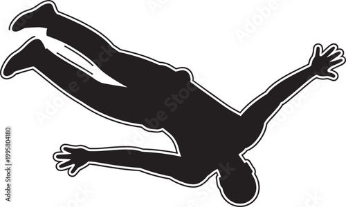 Silhouette of person falling through air, arms outstretched, dynamic pose, skydiving or extreme sport.