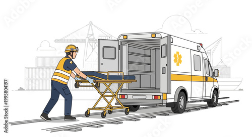 Emergency Medical Technician loading stretcher into ambulance at industrial port