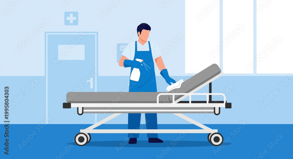 Fototapeta premium Healthcare worker sanitizing hospital bed in empty room, hygiene and disinfection concept