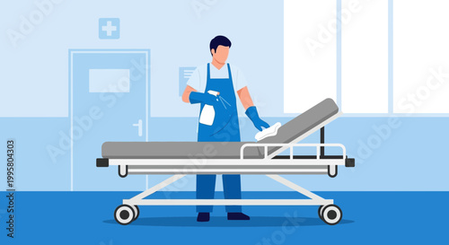 Healthcare worker sanitizing hospital bed in empty room, hygiene and disinfection concept