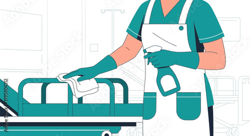 Healthcare worker sanitizing hospital bed with spray and cloth, hygiene concept