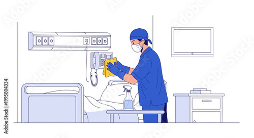 Healthcare worker sanitizing hospital room, cleaning equipment and bed