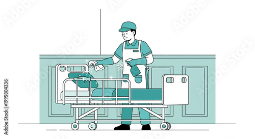Healthcare worker sanitizing hospital bed with spray bottle and cloth, disinfection concept