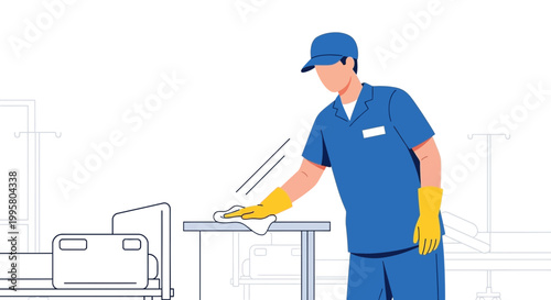 Healthcare worker sanitizing hospital room table during pandemic