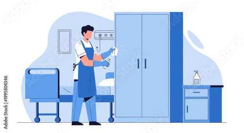 Healthcare worker sanitizing hospital room, cleaning ward, hygiene and disinfection concept