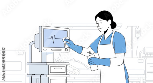 Healthcare worker sanitizing medical monitor in hospital room, hygiene, prevention