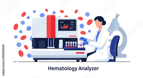 Hematology Analyzer Machine in Laboratory with Scientist and Blood Cells