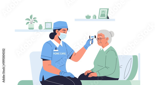 Home care nurse checks elderly woman's temperature with thermometer at home