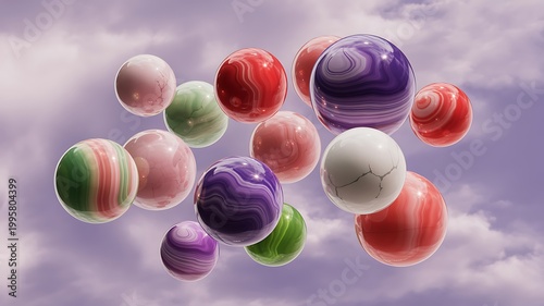 Abstract composition of swirling colorful orbs floating against a soft lavender sky with subtle cloud formations