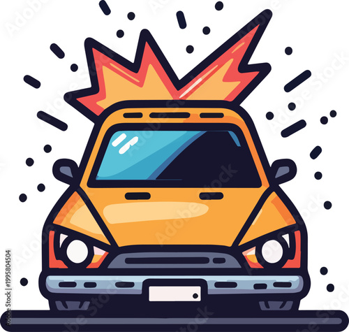 Car crash with fire accident scene – vector illustration