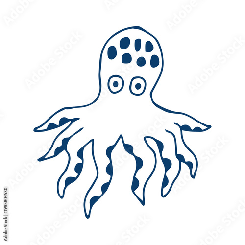 Hand Drawn Octopus Outline Illustration. Marine cephalopod creature in sketch style, flowing tentacles in minimal ocean inspired line art for creative coastal design. Vector