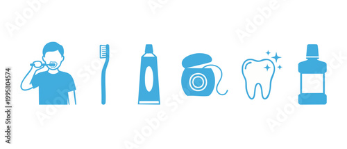 Dental hygiene icons set including toothbrush, toothpaste, floss, mouthwash and clean tooth for oral health routine and medical care treatment, vector flat blue design on white background collection.