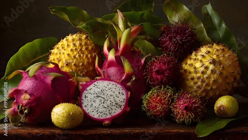 Colorful Tropical Fruits Featuring Fresh Dragon Fruit