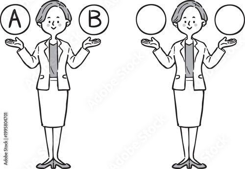 AとBの選択肢　キャリアウーマン2　全身　ベクター（モノクロ）