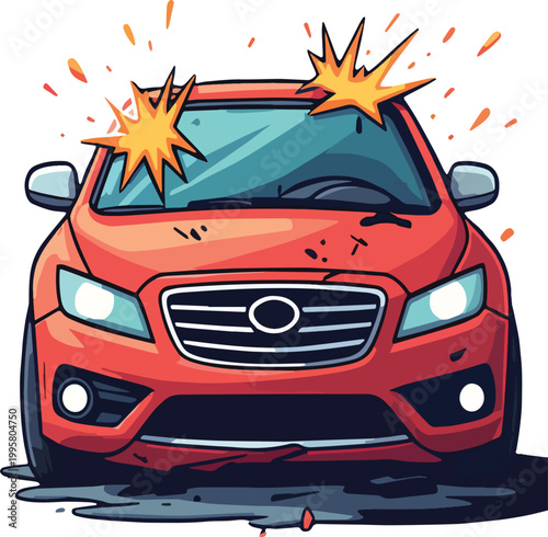 Car crash with fire accident scene – vector illustration