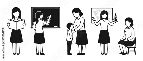 Teacher activities icon set, education classroom scenes and school lessons. Female educator with student, chalkboard, map, book and bell, minimalist vector black and white line art design collection.