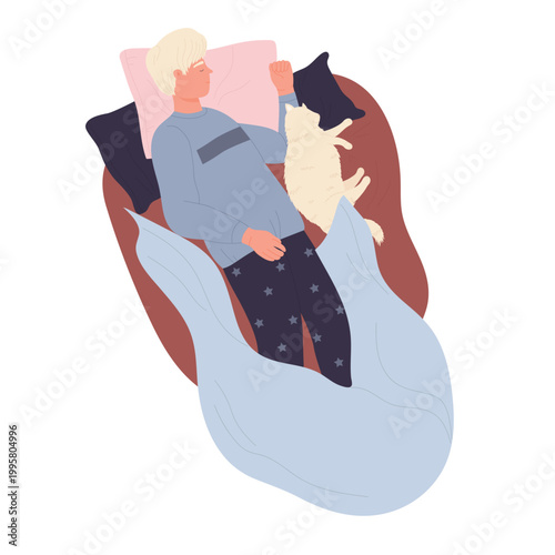 Sleeping boy in bed with cat. Bedtime with family pet, dreaming man cartoon vector illustration