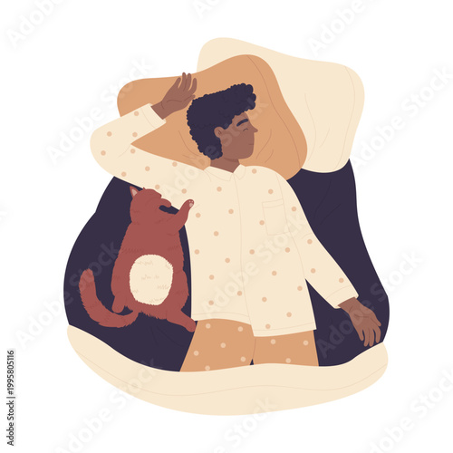 Boy sleeping with his cat. Dreaming boy near the pet, bedtime routine cartoon vector illustration