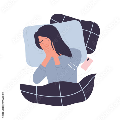 Top view of girl sleeping. Bedtime routine, woman fell asleep with phone around cartoon vector illustration