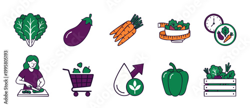 Healthy Food Vegetables Icon Set, Diet and Nutrition Flat Line Vector Illustration for Mobile Apps and UI Design with Fresh Organic Produce Elements like Eggplant, Carrot, Bell Pepper and Salad Bowl
