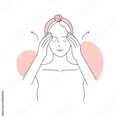 Massage for applying facial serum. Beauty skin care routine, face treatment line vector illustration